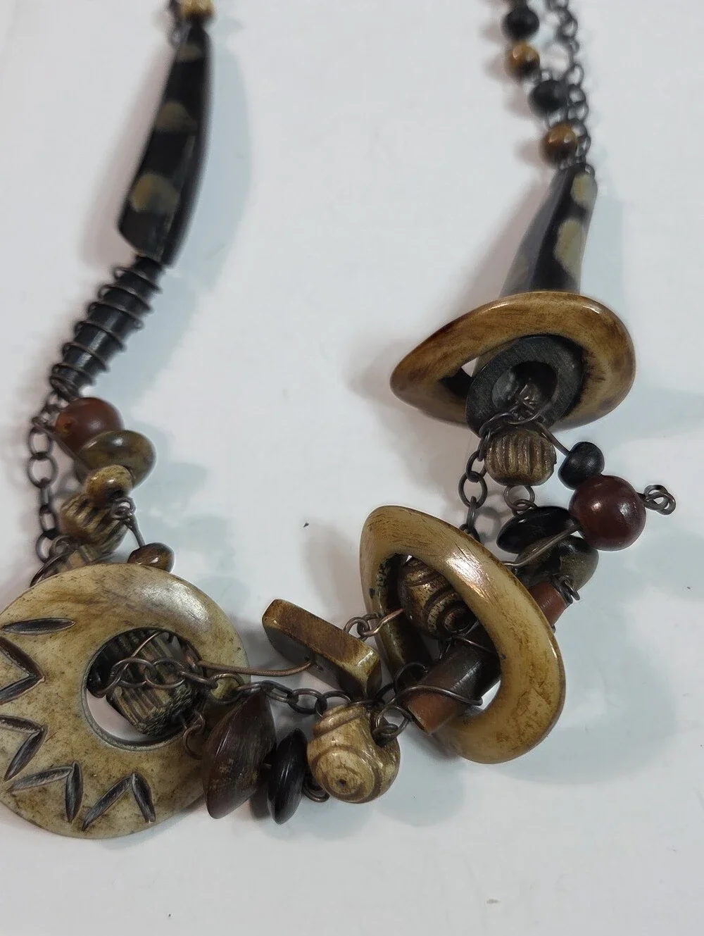 Boho Bone Wood Carved Beaded Brown Statement Necklace Ethnic African Tribal